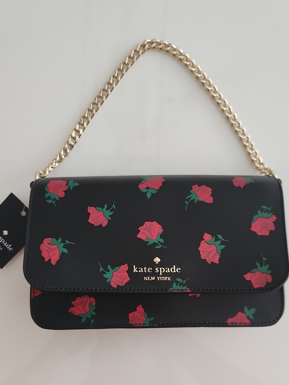 kate spade Black Floral Crossbody with Gold Chain